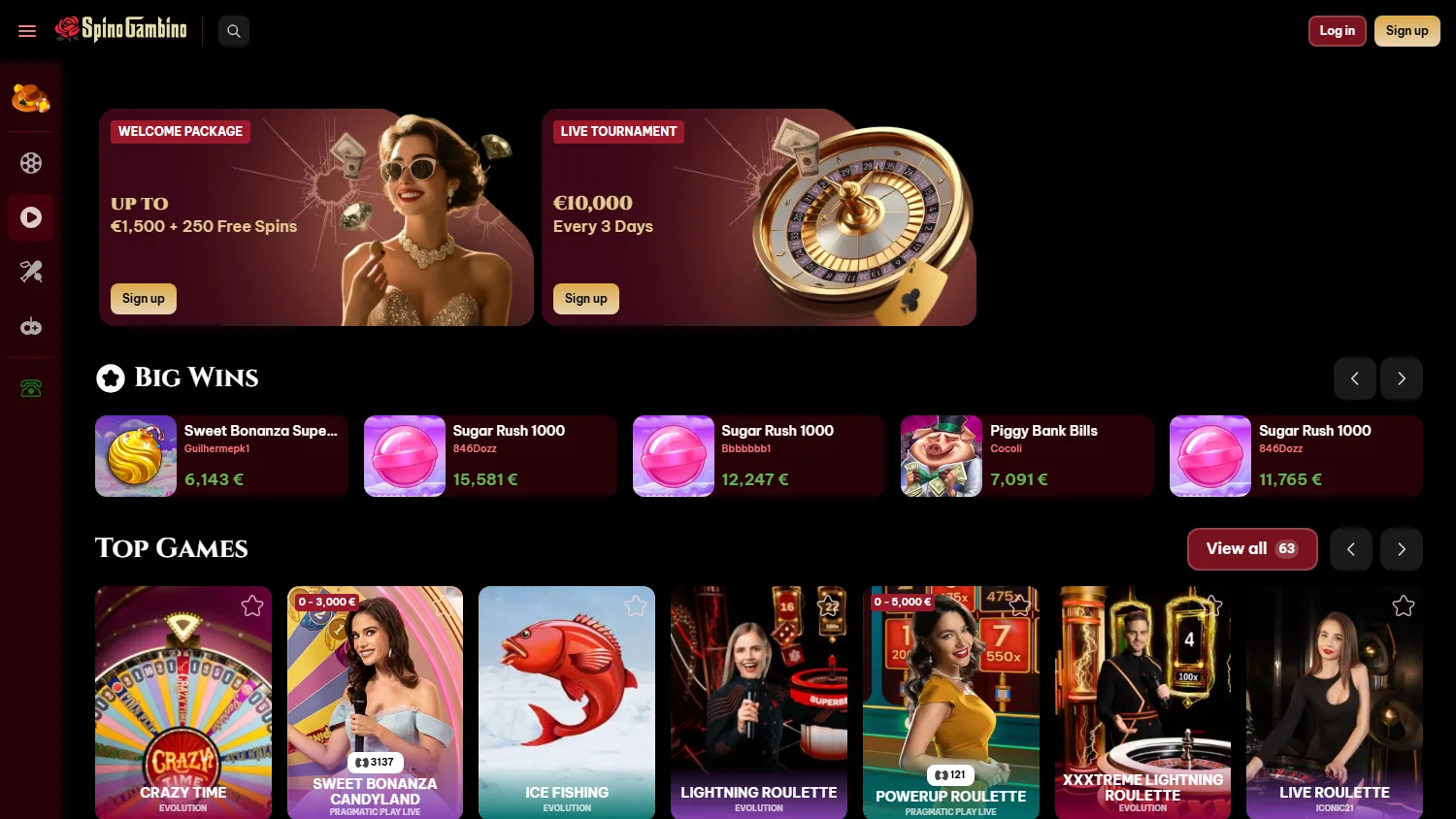 Spinogambino Casino game lobby on desktop