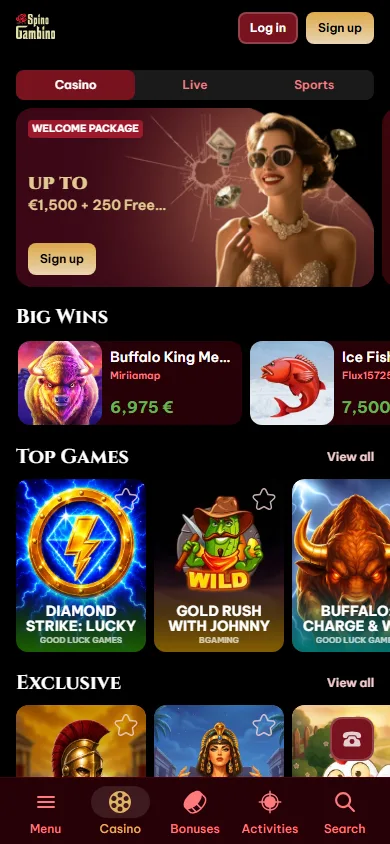 Spinogambino Casino home interface on a mobile device