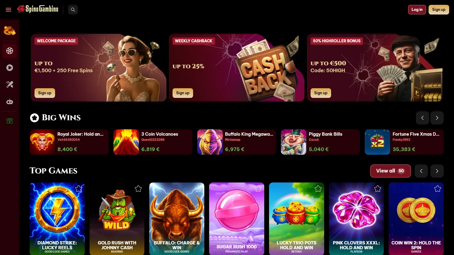 Spinogambino Casino home interface on desktop