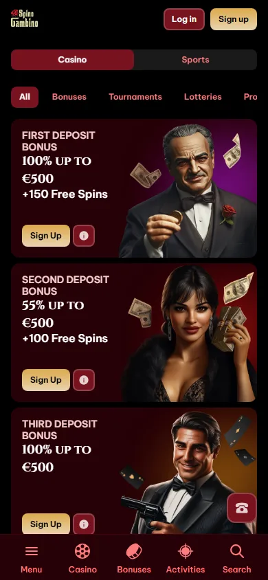 Spinogambino Casino promotions area on a mobile device