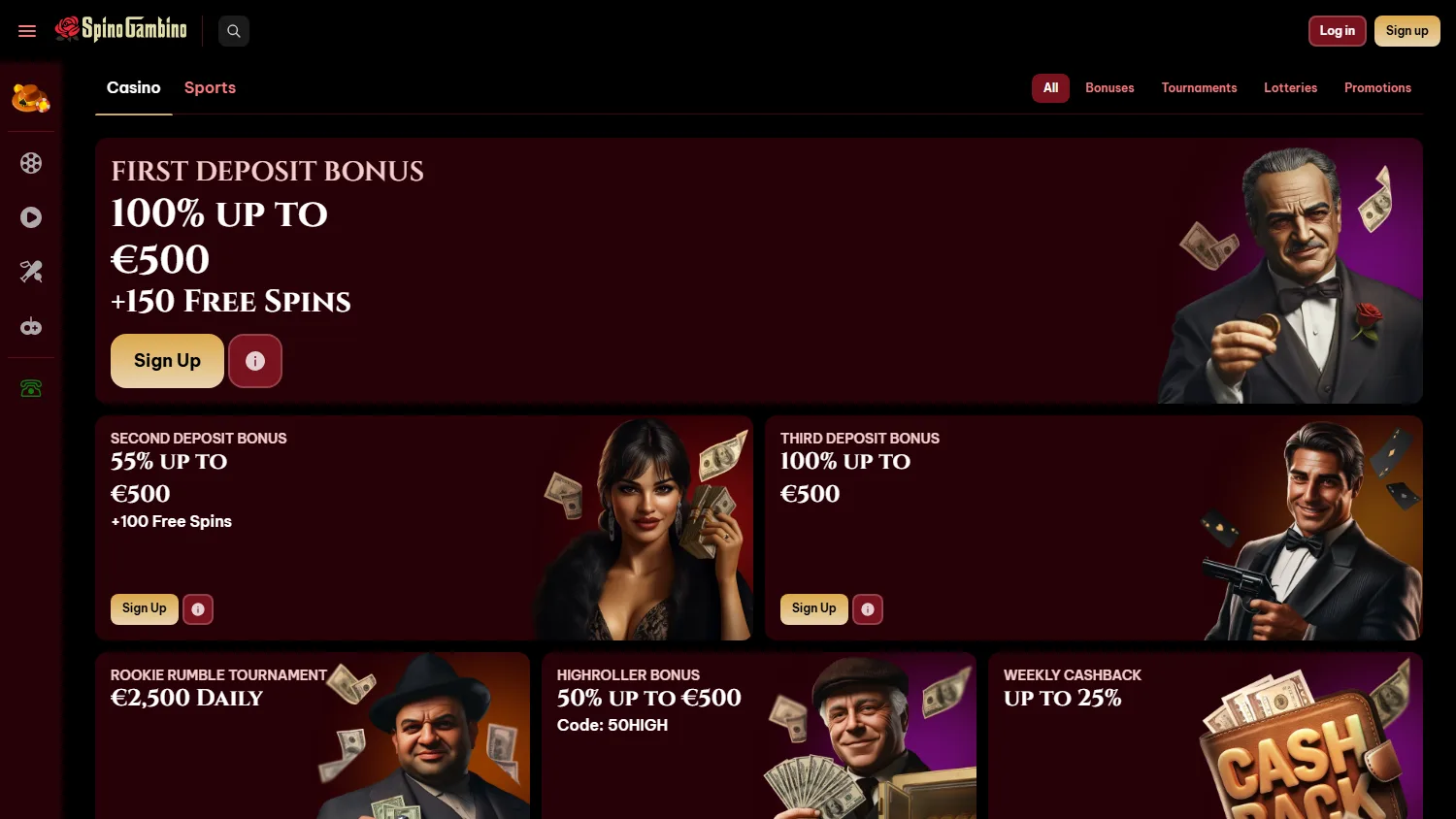 Spinogambino Casino promotions area on desktop